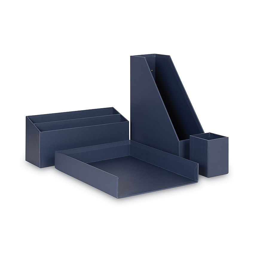 U Brands Four-Piece Desk Organization Kit, Magazine Holder/Paper Tray/Pencil Cup/Storage Bin, Chipboard, Navy (3631U0002)