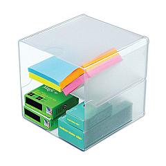 deflecto Stackable Cube Organizer, Divided, 2 Compartments, Plastic, 6 x 6 x 6, Clear (350701)
