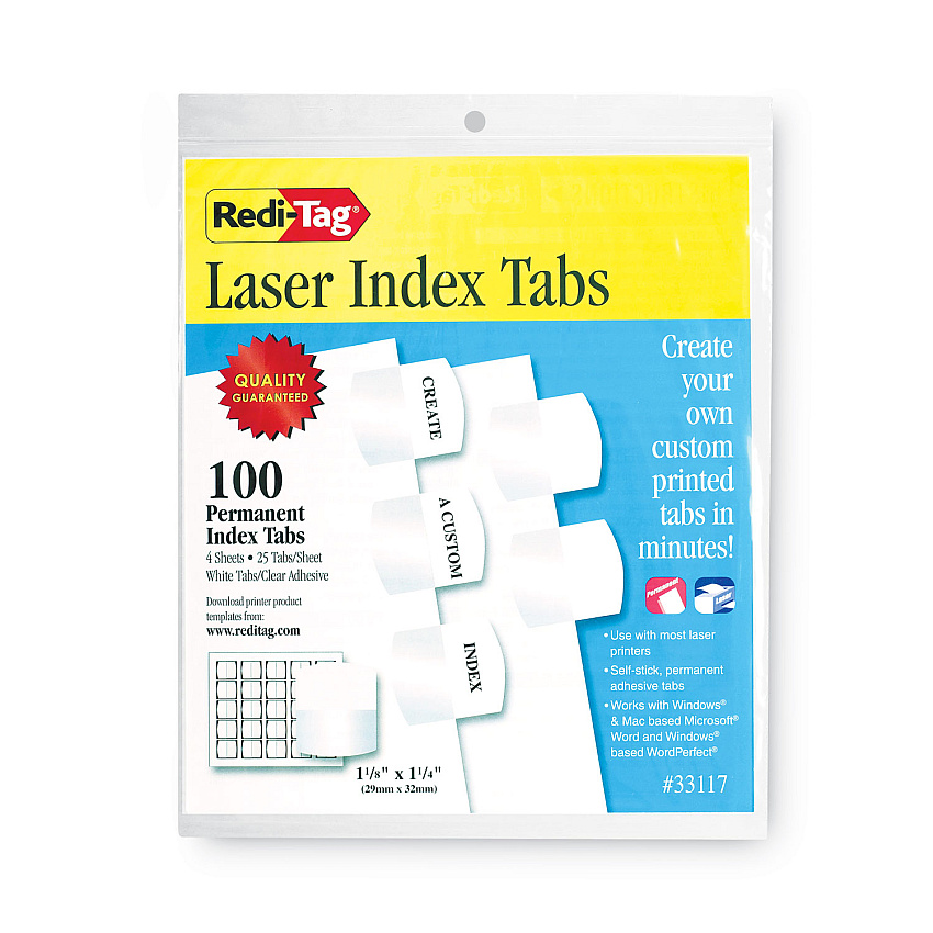 Redi-Tag Laser Printable Index Tabs, 1/5-Cut Tabs, White, 1.13" Wide, 100/Pack (33117)