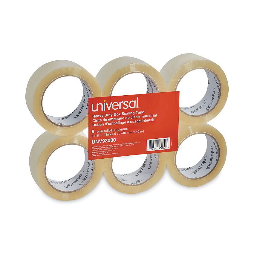 Universal Heavy-Duty Box Sealing Tape, 3" Core, 1.88" x 54.6 yds, Clear, 6/Box (UNV93000)