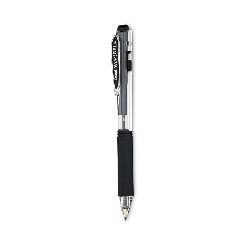 Pentel WOW! Gel Pen, Retractable, Medium 0.7 mm, Black Ink, Clear/Black Barrel, 12/Pack (K437BPS12A)