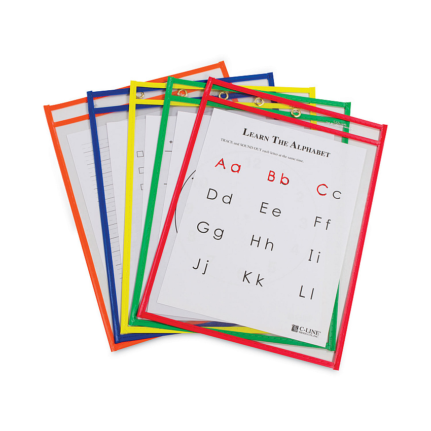 C-Line Reusable Dry Erase Pockets, 9 x 12, Assorted Primary Colors, 10/Pack (40610)