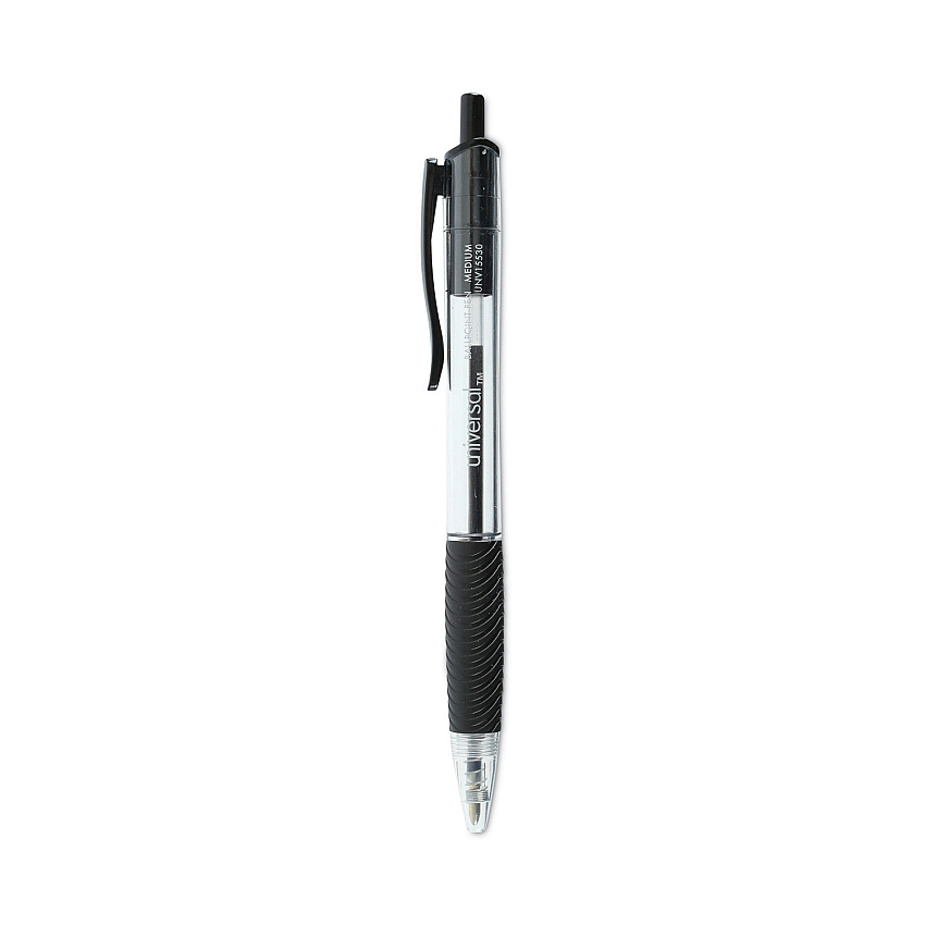 Universal Comfort Grip Ballpoint Pen, Retractable, Medium 1 mm, Black Ink, Clear Barrel, Dozen (UNV15530)