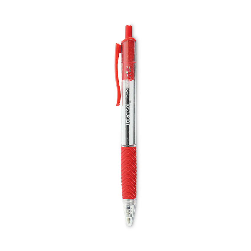 Universal Comfort Grip Ballpoint Pen, Retractable, Medium 1 mm, Red Ink, Clear Barrel, Dozen (UNV15532)