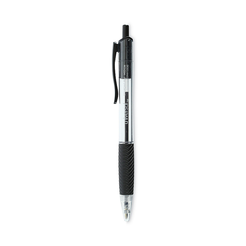 Universal Comfort Grip Ballpoint Pen, Retractable, Medium 1 mm, Black Ink, Clear Barrel, 48/Pack (UNV15533)