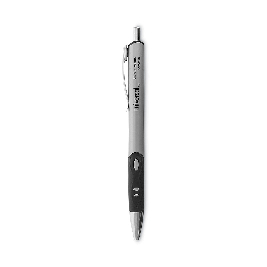 Universal Comfort Grip Gel Pen, Retractable, Medium 0.7 mm, Black Ink, Silver Barrel, Dozen (UNV39720)