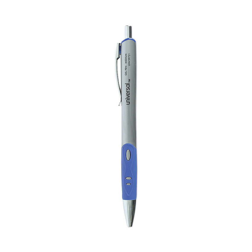 Universal Comfort Grip Gel Pen, Retractable, Medium 0.7 mm, Blue Ink, Silver Barrel, Dozen (UNV39721)
