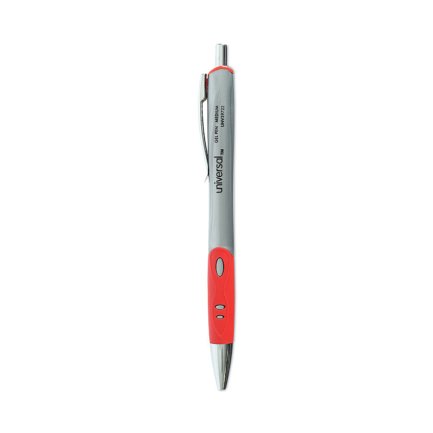 Universal Comfort Grip Gel Pen, Retractable, Medium 0.7 mm, Red Ink, Silver Barrel, Dozen (UNV39722)