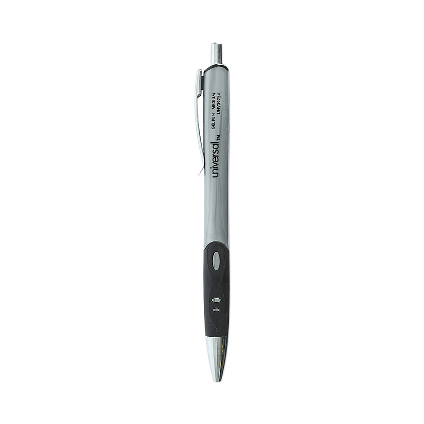 Universal Comfort Grip Gel Pen, Retractable, Medium 0.7 mm, Black Ink, Silver Barrel, 36/Pack (UNV39724)