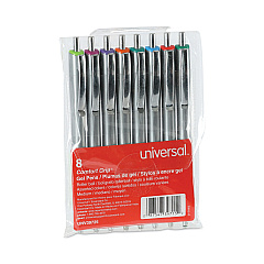 Universal Comfort Grip Gel Pen, Retractable, Medium 0.7 mm, Assorted Ink Colors, Silver Barrel, 8/Pack (UNV39725)