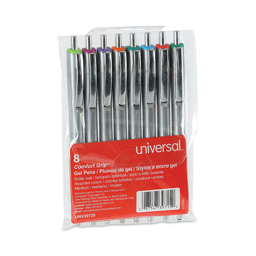 Universal Comfort Grip Gel Pen, Retractable, Medium 0.7 mm, Assorted Ink Colors, Silver Barrel, 8/Pack (UNV39725)