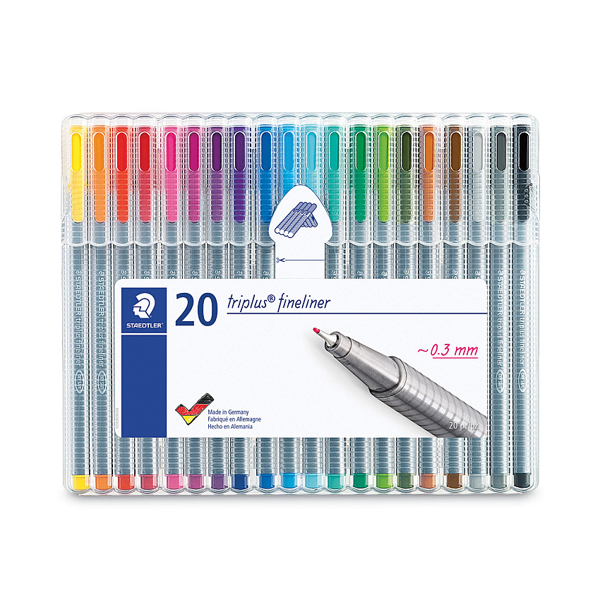 Staedtler Triplus Fineliner Porous Point Pen, Stick, Extra-Fine 0.3 mm, Assorted Ink Colors, Silver Barrel, 20/Pack (334SB20A6)