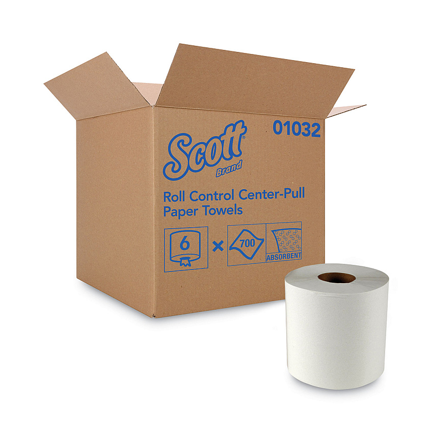 Scott Essential Roll Control Center-Pull Towels, 1-Ply, 8 x 12, White, 700/Roll, 6 Rolls/Carton (01032)