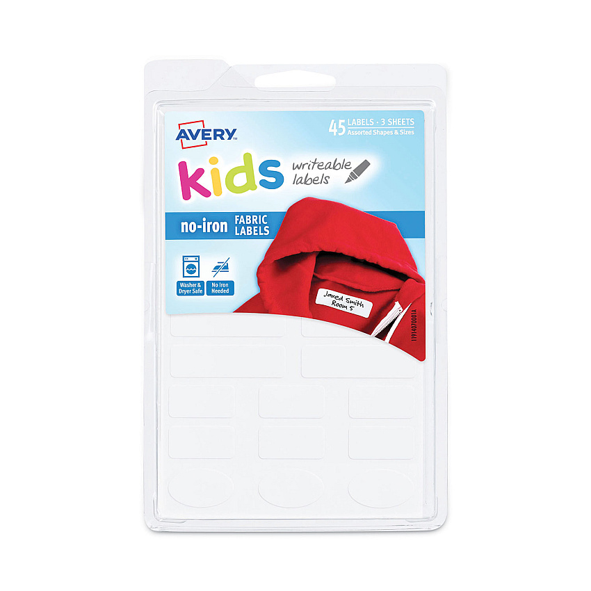 Avery Kids No-Iron Fabric Labels, 6 x 4, White, 15 Labels/Sheet, 3 Sheets/Pack (40700)