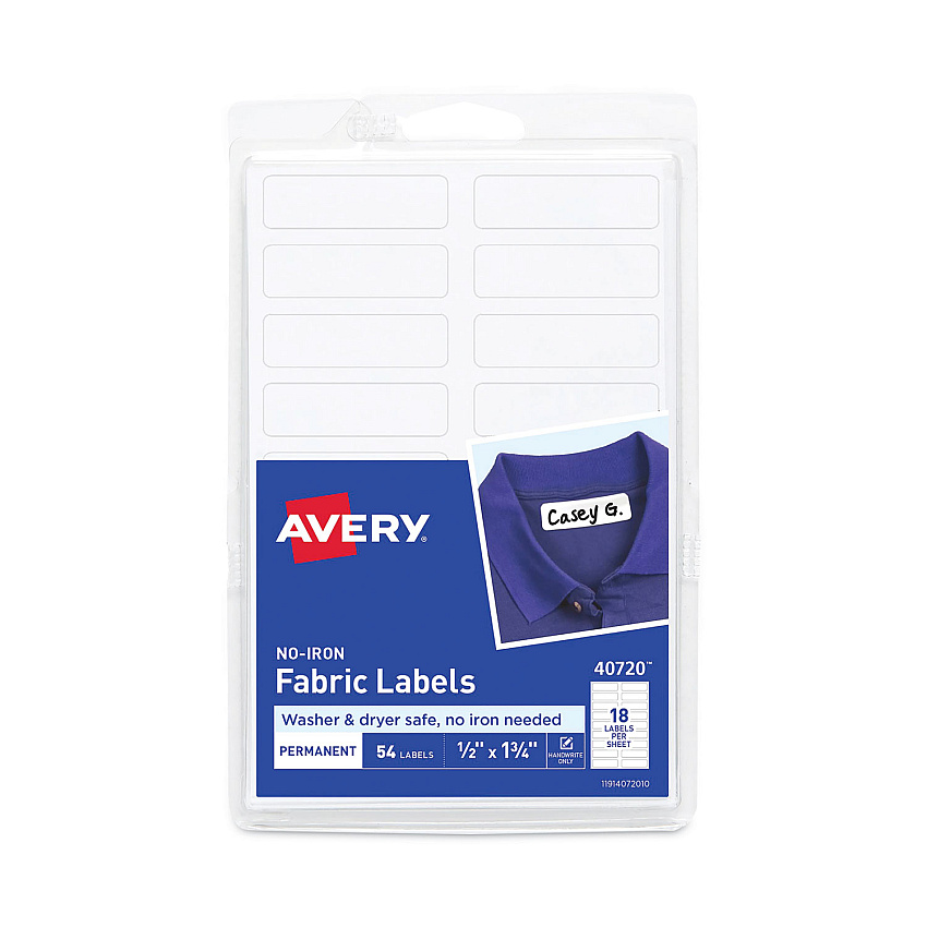 Avery No-Iron Fabric Labels, 0.5 x 1.75, White, 18/Sheet, 3 Sheets/Pack (40720)