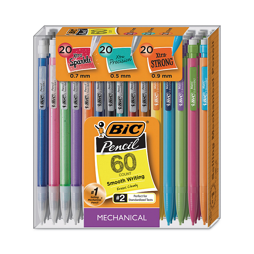 BIC Mechanical Pencil Variety Pack, Assorted #2 Black Lead Sizes, Assorted Barrel Colors, 60/Pack (WX7TG026BLK)