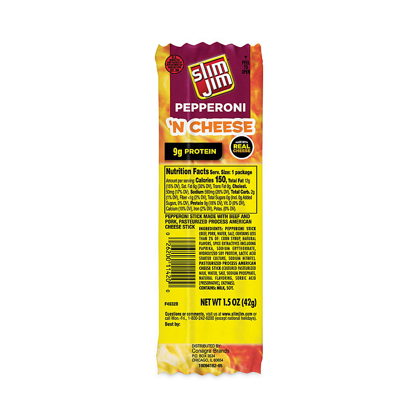 Slim Jim Pepperoni and Cheese Meat Sticks, 1.5 oz, 18/Box (20900655)