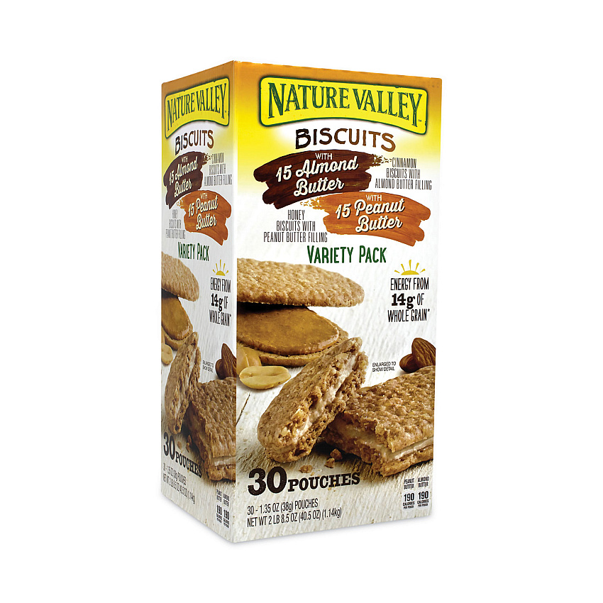 Nature Valley Biscuits, Cinnamon with Almond Butter/Honey with Peanut Butter, 1.35 oz Pouch, 30 Count (22001046)
