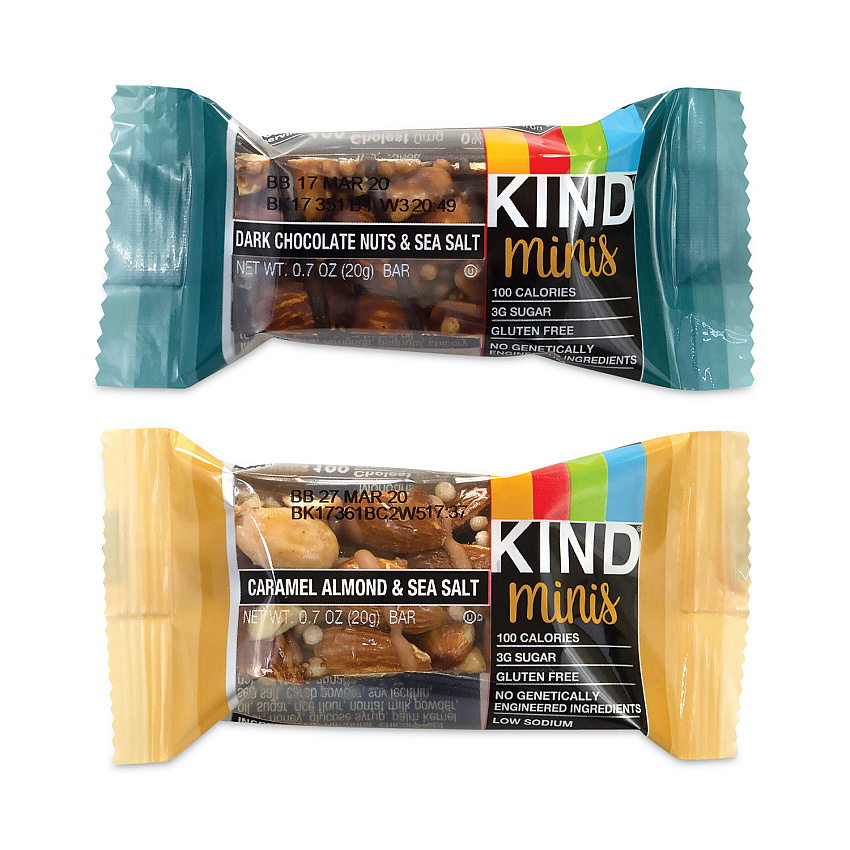 KIND Minis, Dark Chocolate Nuts Sea Salt/Caramel Almond Nuts Sea Salt, 0.7 oz Bar, 32 Bars/Box (22000799)