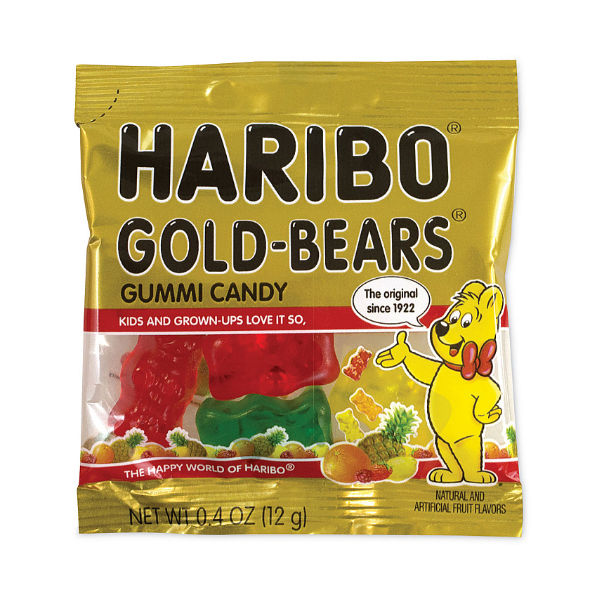 Haribo Goldbears Gummi Candy, 0.4 oz Pouches, Lemon; Orange; Pineapple; Rasberry; Strawberry, 54/Tub (20900181)