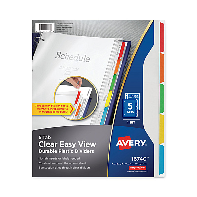 Avery Clear Easy View Plastic Dividers with Multicolored Tabs and Sheet Protector, 5-Tab, 11 x 8.5, Clear, 1 Set (16740)