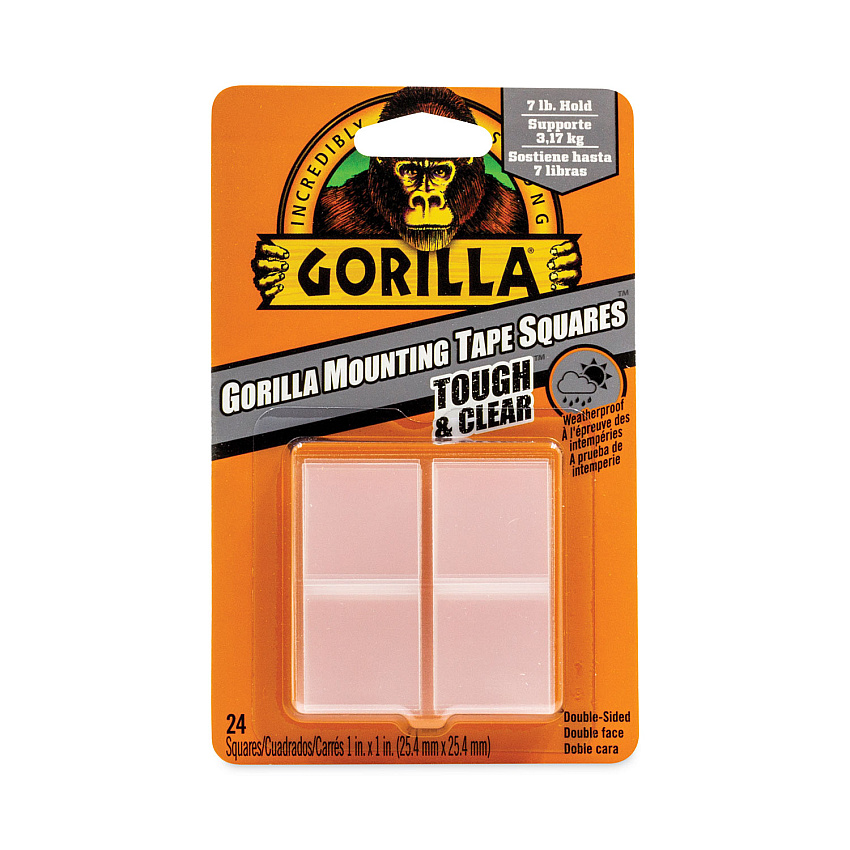 Gorilla Tough and Clear Double-Sided Mounting Tape, Holds Up to 0.58 lb per Pair (Up to 7 lb per 24), 1" x 1", Clear, 24/Pack (6067202)