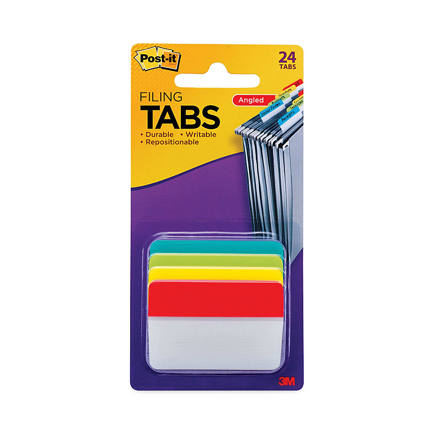 Post-it Tabs 2" Angled Tabs, 1/5-Cut Tabs, Assorted Colors, 2" Wide, 24/Pack (686AALYR)