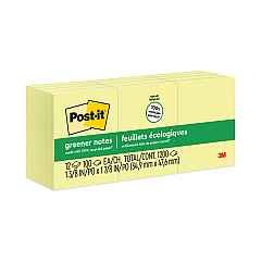 Post-it Greener Notes Original Recycled Note Pads, 1.5" x 2", Canary Yellow, 100 Sheets/Pad, 12 Pads/Pack (653RPYW)