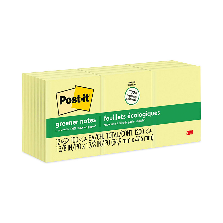 Post-it Greener Notes Original Recycled Note Pads, 1.5" x 2", Canary Yellow, 100 Sheets/Pad, 12 Pads/Pack (653RPYW)