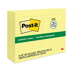 Post-it Greener Notes Original Recycled Note Pads, Note Ruled, 4" x 6", Canary Yellow, 100 Sheets/Pad, 12 Pads/Pack (660RPYW)
