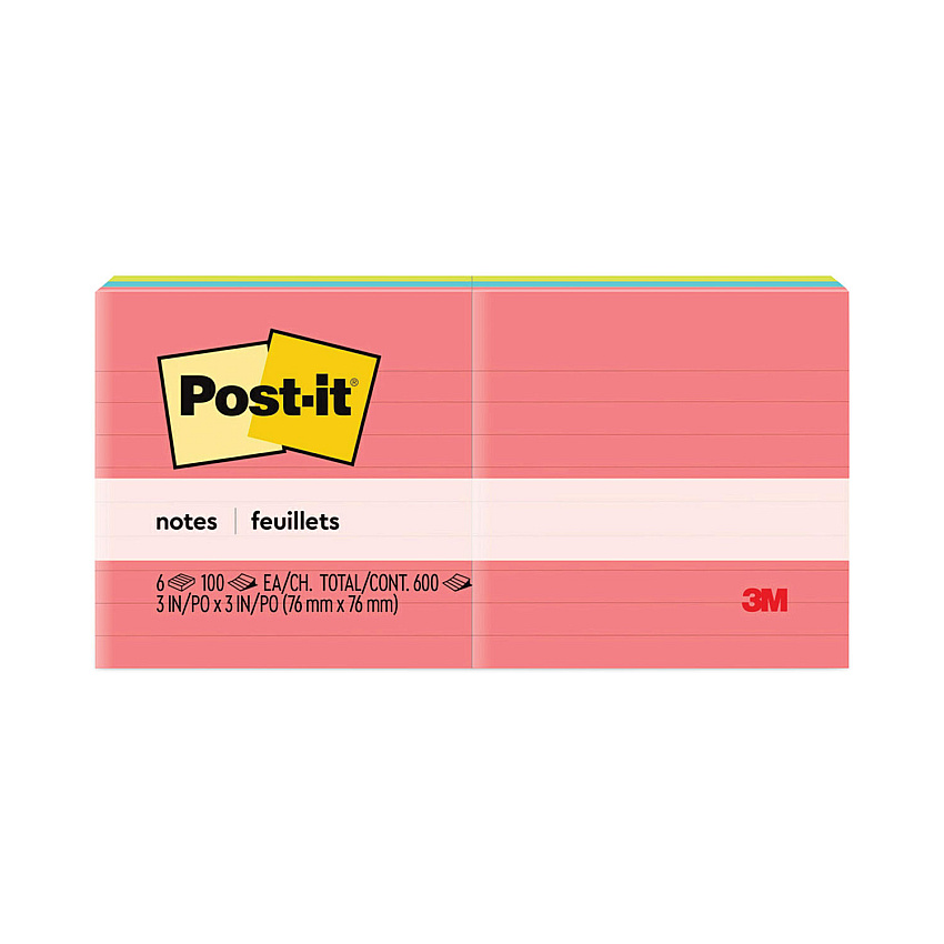 Post-it Notes Original Pads in Poptimistic Collection Colors, Note Ruled, 3" x 3", 100 Sheets/Pad, 6 Pads/Pack (6306AN)