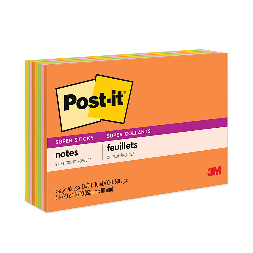 Post-it Notes Super Sticky Meeting Notes in Energy Boost Collection Colors, 6" x 4", 45 Sheets/Pad, 8 Pads/Pack (6445SSP)