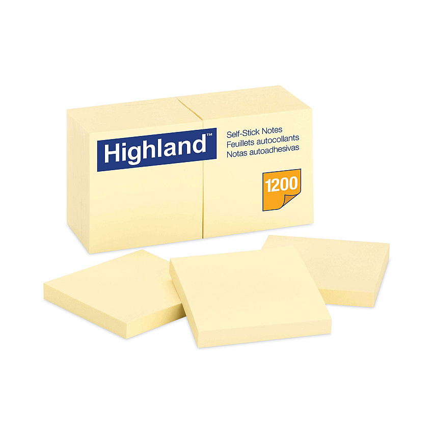 Highland Self-Stick Notes, 3" x 3", Yellow, 100 Sheets/Pad, 12 Pads/Pack (6549YW)