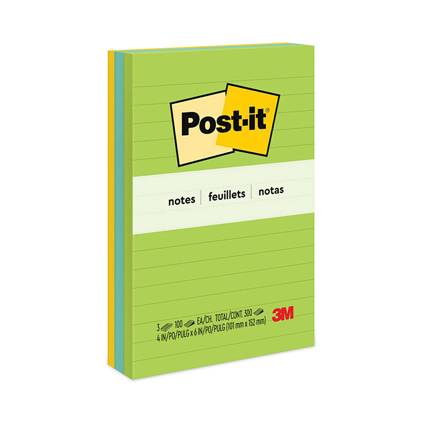 Post-it Notes Original Pads in Floral Fantasy Collection Colors, Note Ruled, 4" x 6", 100 Sheets/Pad, 3 Pads/Pack (6603AU)