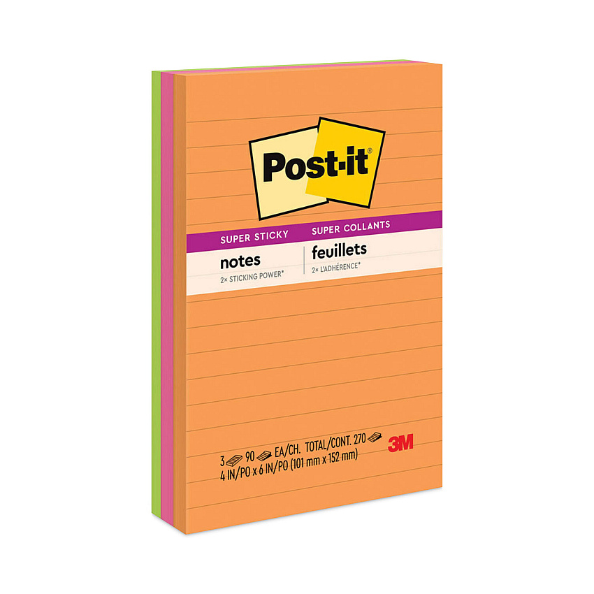 Post-it Notes Super Sticky Pads in Energy Boost Collection Colors, Note Ruled, 4" x 6", 90 Sheets/Pad, 3 Pads/Pack (6603SSUC)