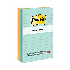 Post-it Notes Original Pads in Beachside Cafe Collection Colors, Note Ruled, 4" x 6", 100 Sheets/Pad, 5 Pads/Pack (6605PKAST)