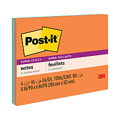 Post-it Notes Super Sticky Meeting Notes in Energy Boost Collection Colors, 8" x 6", 45 Sheets/Pad, 4 Pads/Pack (6845SSP)