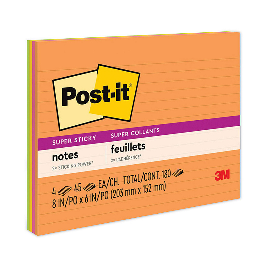 Post-it Notes Super Sticky Meeting Notes in Energy Boost Collection Colors, Note Ruled, 8" x 6", 45 Sheets/Pad, 4 Pads/Pack (6845SSPL)
