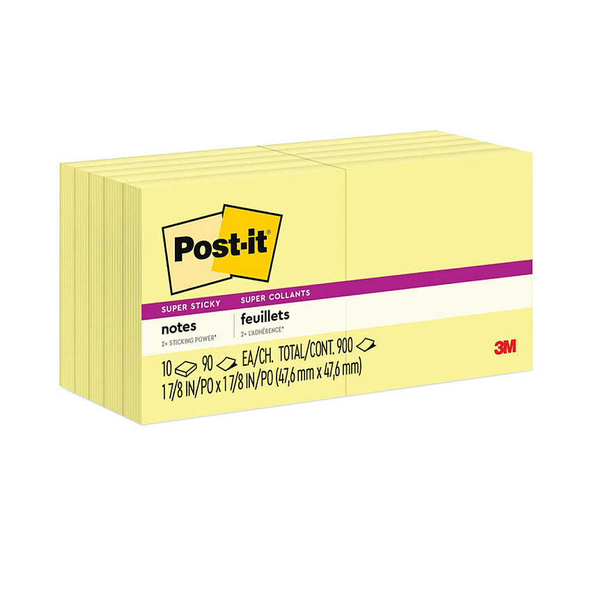 Post-it Notes Super Sticky Pads in Canary Yellow, 1.88" x 1.88", 90 Sheets/Pad, 10 Pads/Pack (62210SSCY)