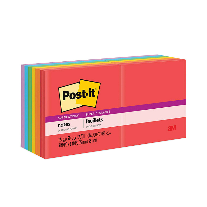 Post-it Notes Super Sticky Pads in Playful Primary Collection Colors, 3" x 3", 90 Sheets/Pad, 12 Pads/Pack (65412SSAN)
