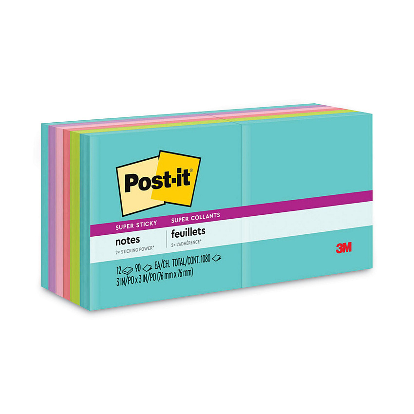Post-it Notes Super Sticky Pads in Supernova Neon Collection Colors, 3" x 3", 90 Sheets/Pad, 12 Pads/Pack (65412SSMIA)