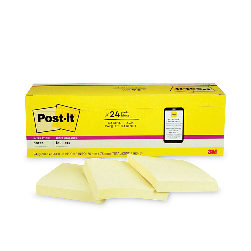 Post-it Notes Super Sticky Pads in Canary Yellow, Cabinet Pack, 3" x 3", 90 Sheets/Pad, 24 Pads/Pack (65424SSCP)