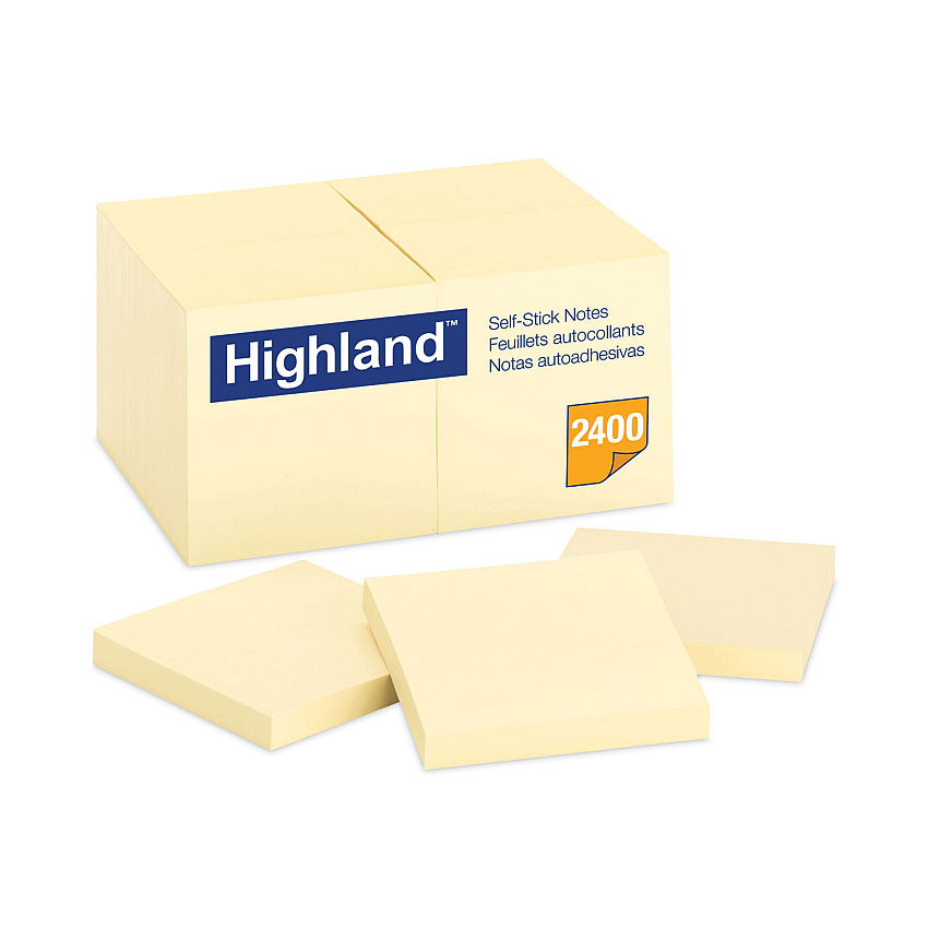 Highland Self-Stick Notes, 3" x 3", Yellow, 100 Sheets/Pad, 24 Pads/Pack (654924PK)