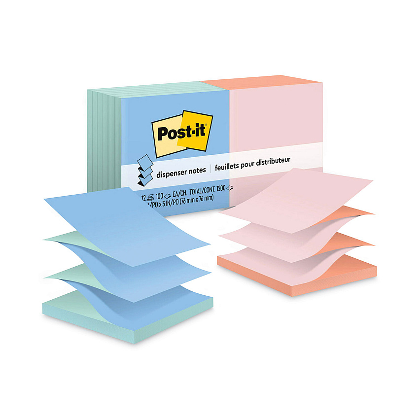 Post-it Dispenser Notes Original Pop-up Refill, Beachside Cafe Collection Alternating-Color Value Pack, 3" x 3", 100 Sheets/Pad, 12 Pads/Pack (R330UALT)