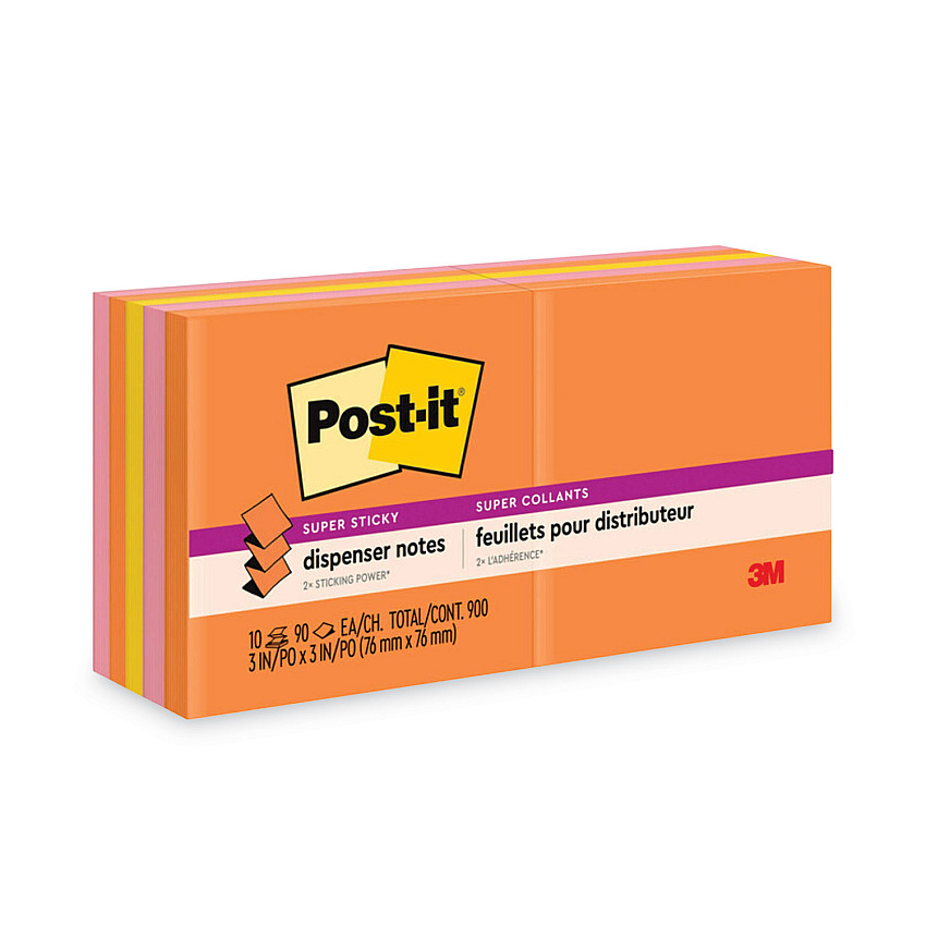 Post-it Dispenser Notes Super Sticky Pop-up 3 x 3 Note Refill, 3" x 3", Energy Boost Collection Colors, 90 Sheets/Pad, 10 Pads/Pack (R33010SSAU)