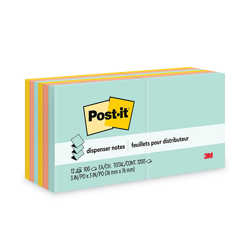 Post-it Dispenser Notes Original Pop-up Refill Value Pack, 3" x 3", Beachside Cafe Collection Colors, 100 Sheets/Pad, 12 Pads/Pack (R33012AP)