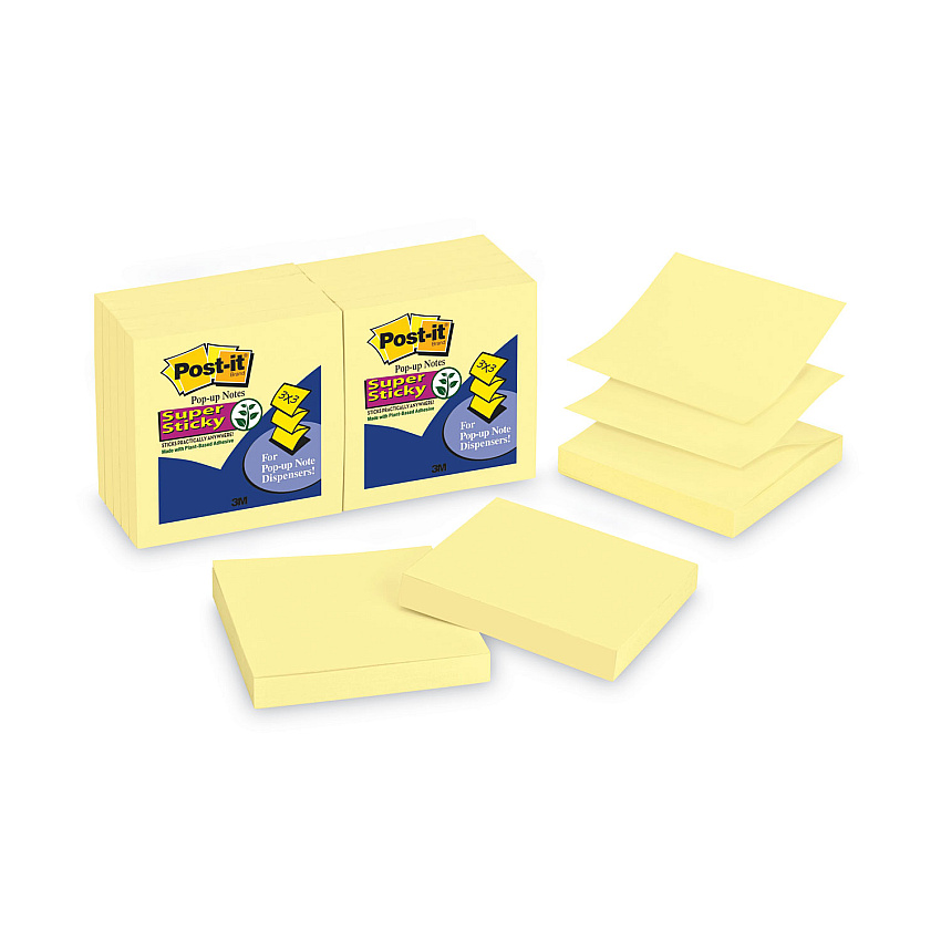 Post-it Dispenser Notes Super Sticky Pop-up 3 x 3 Note Refill, 3" x 3", Canary Yellow, 90 Sheets/Pad, 12 Pads/Pack (R33012SSCY)