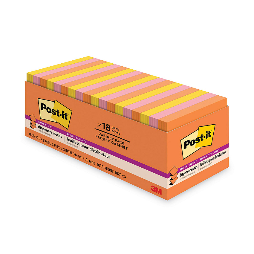 Post-it Dispenser Notes Super Sticky Pop-up 3 x 3 Note Refill, 3" x 3", Energy Boost Collection Colors, 90 Sheets/Pad, 18 Pads/Pack (R33018SSAUCP)