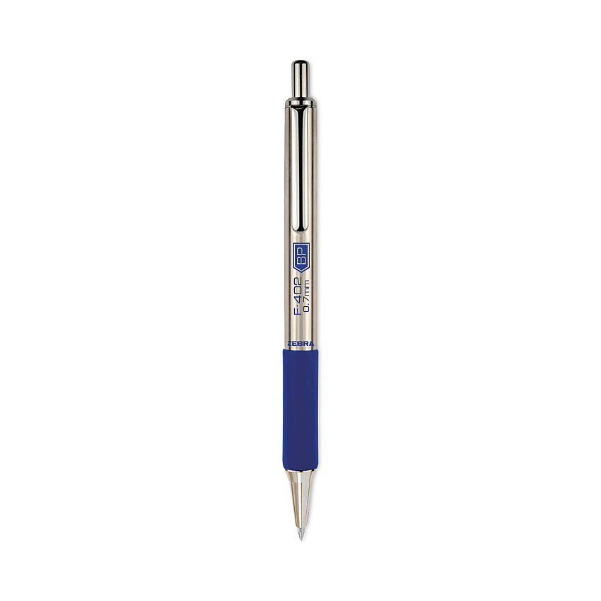 Zebra F-402 Ballpoint Pen, Retractable, Fine 0.7 mm, Blue Ink, Stainless Steel/Blue Barrel, 2/Pack (29222)