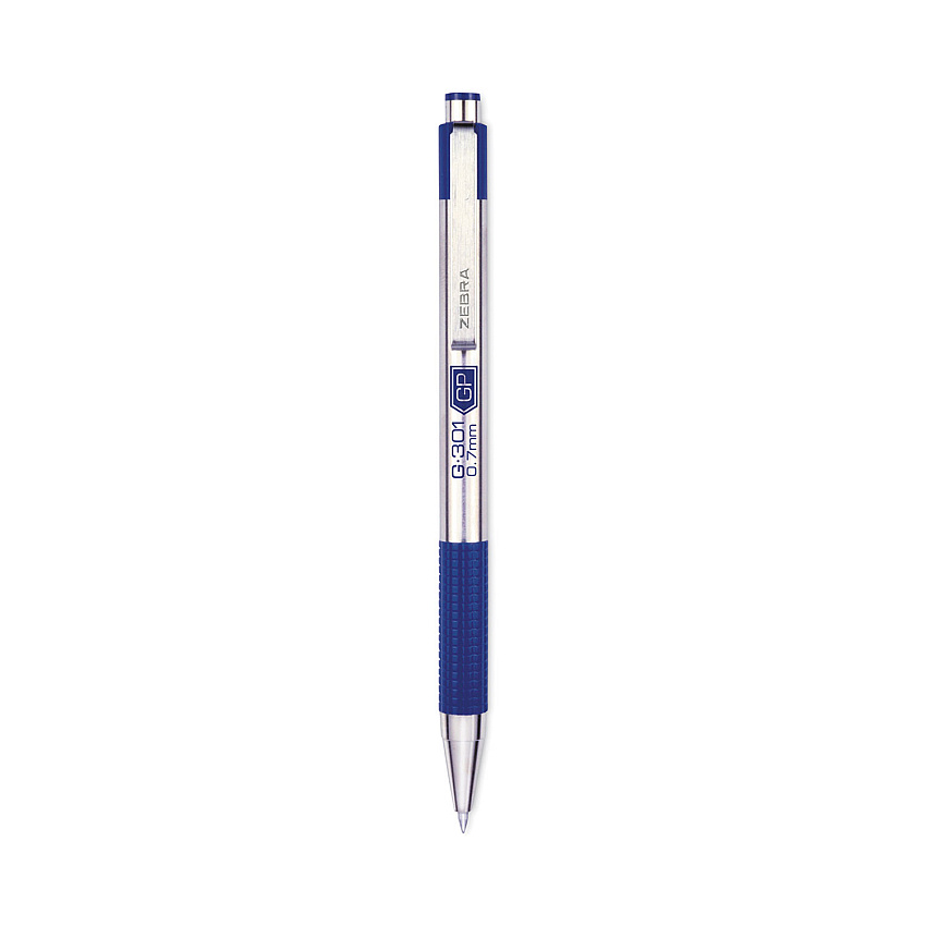 Zebra G-301 Gel Pen, Retractable, Medium 0.7 mm, Blue Ink, Stainless Steel/Blue Barrel (41321)
